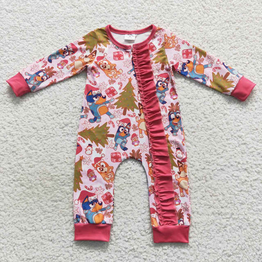 LR0512 Christmas Pink Blue Dog Cartoon Zipper Girls Long Sleeve Romper