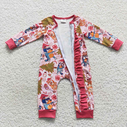 LR0512 Christmas Pink Blue Dog Cartoon Zipper Girls Long Sleeve Romper