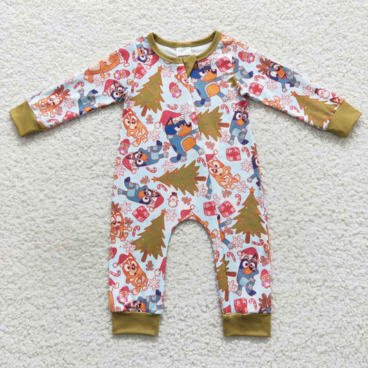 LR0513 Christmas Yellow Blue Dog Cartoon Zipper Boys Long Sleeve Romper