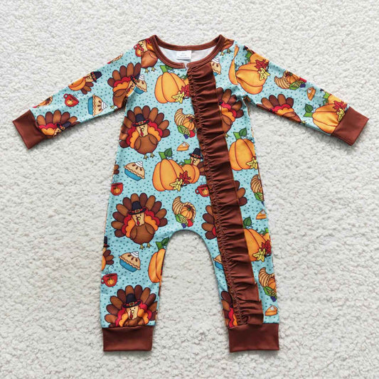 LR0580 Thanksgiving Turkey Pumpkin Zipper Girls Long Sleeve Romper