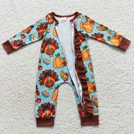 LR0580 Thanksgiving Turkey Pumpkin Zipper Girls Long Sleeve Romper