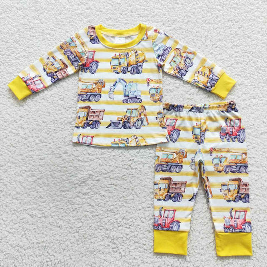 BLP0283 Yellow Truck Car Boys Long Sleeve Pants Outfits Pajamas