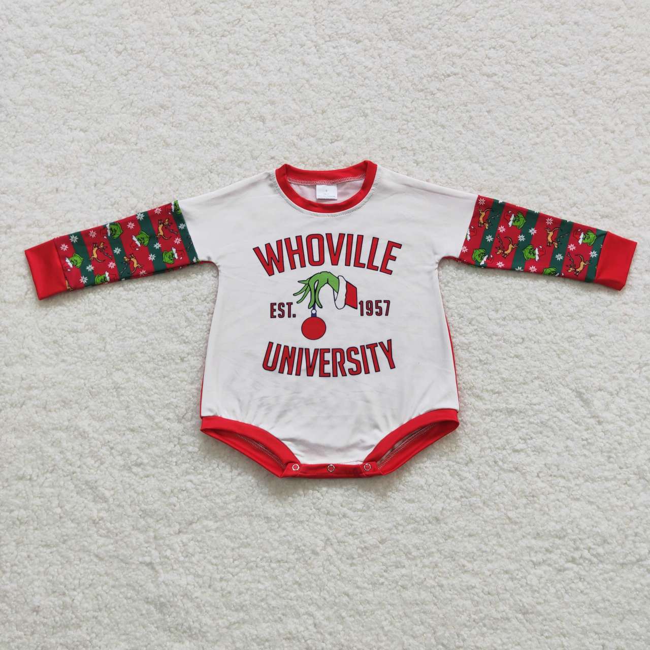 LR0539 Christmas Red Green Cartoon Whoville University Girls Long Sleeve Romper