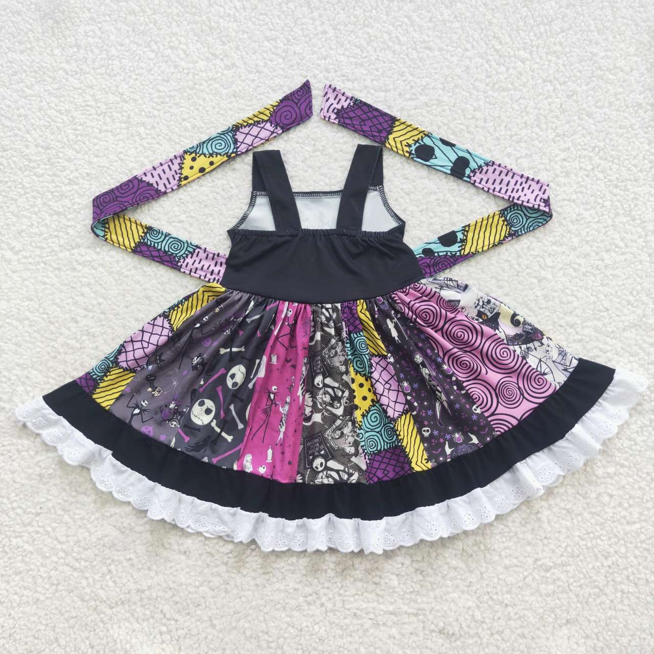 A8-14 Halloween Black Cartoon Belt Patchwork Girls Short Sleeve Dresses