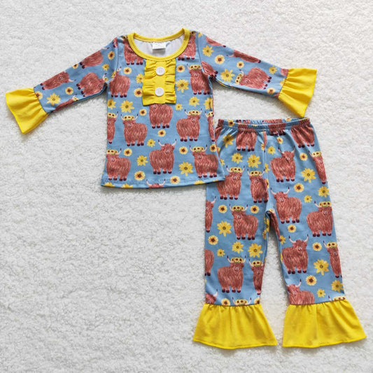 GLP0670 Yellow Highland Cow Girls Long Sleeve Pants Outfits Pajamas