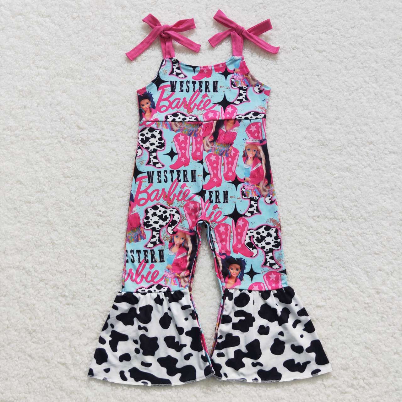 SR0425 Pink Blue B Cartoon Cowboy Girls Short Sleeve Jumpsuit Overall Pants