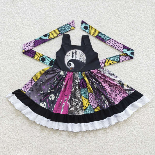 A8-14 Halloween Black Cartoon Belt Patchwork Girls Short Sleeve Dresses