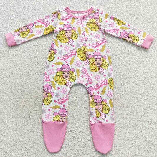 LR0545 Pink Yellow Howdy Zipper Girls Long Sleeve Romper