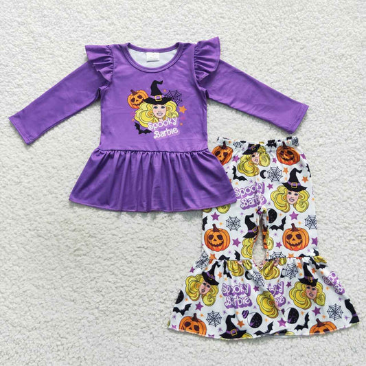 GLP0659 Halloween Purple Spooky B Cartoon  Girls Long Sleeve Pants Outfits