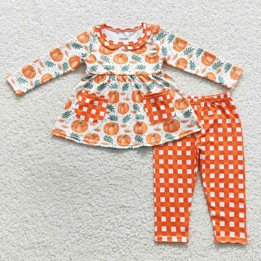 GLP0640  Halloween Orange Pumpkin Pocket Tunic Girls Long Sleeve Pants Outfits