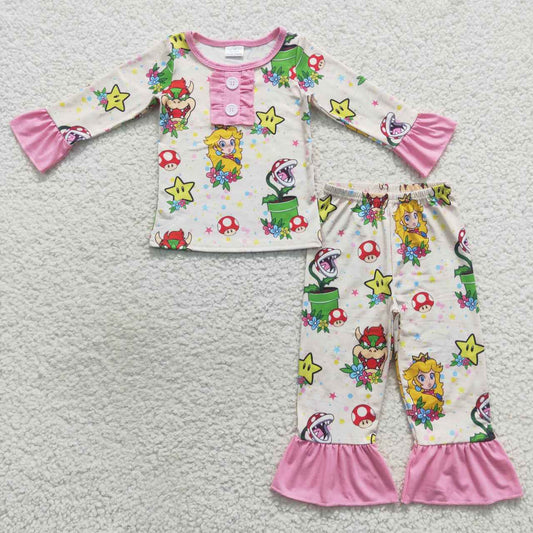 GLP0649  Christmas Pink Green Cartoon Girls Long Sleeve Pants Outfits Pajamas