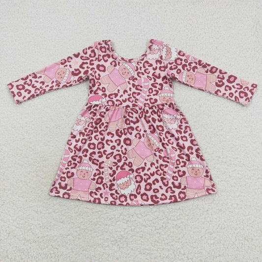 GLD0327 Christmas Pink Santa Leopard Cartoon Girls Long Sleeve Dresses