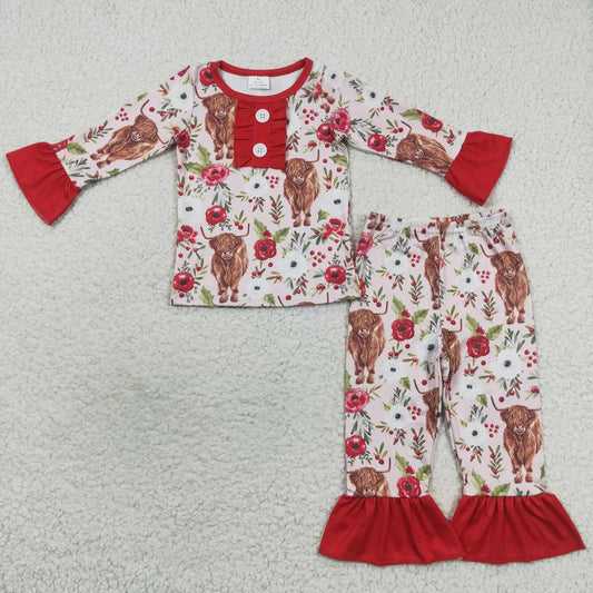 GLP0665 Christmas Red Highland Cow Cartoon Girls Long Sleeve Pants Outfits Pajamas