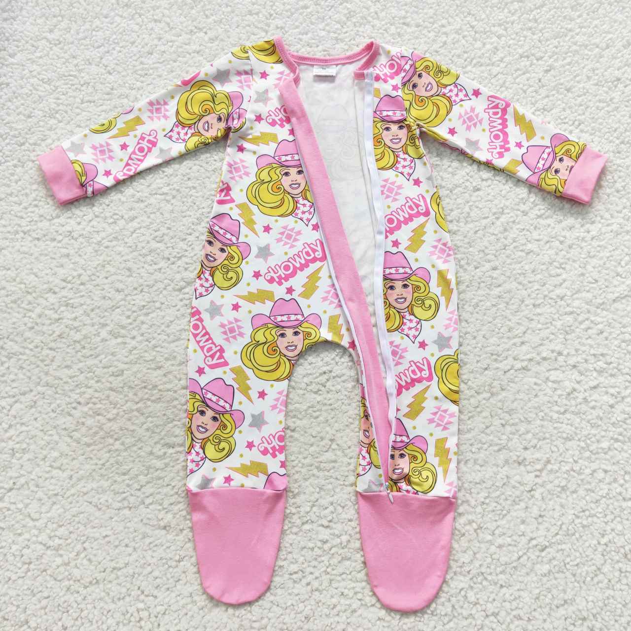 LR0545 Pink Yellow Howdy Zipper Girls Long Sleeve Romper