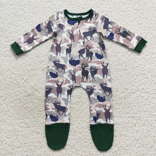 LR0519 Green Deer Zipper Girls Long Sleeve Romper