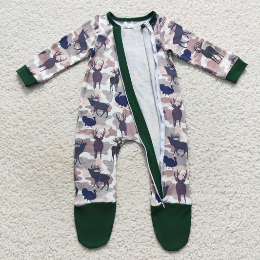 LR0519 Green Deer Zipper Girls Long Sleeve Romper