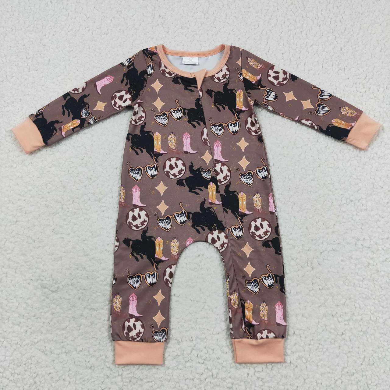 LR0482 Brown Rodeo Cowboy Zipper Girls Long Sleeve Romper