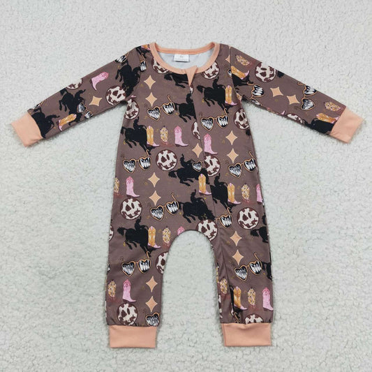 LR0482 Brown Rodeo Cowboy Zipper Girls Long Sleeve Romper