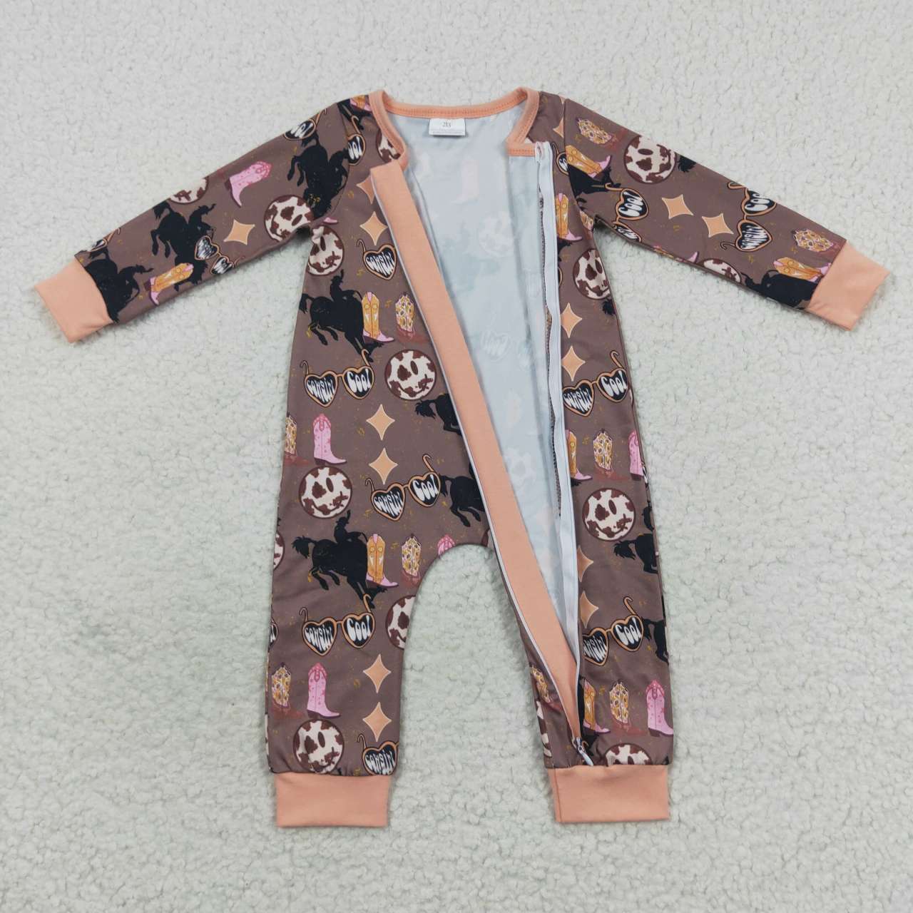 LR0482 Brown Rodeo Cowboy Zipper Girls Long Sleeve Romper