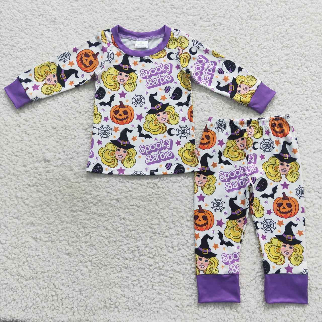 GLP0661 Halloween Purple Spooky B Cartoon Girls Long Sleeve Pants Outfits Pajamas