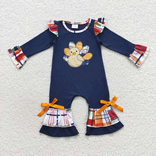 LR0366 Thanksgiving Blue Turkey Embroidery Girls Long Sleeve Romper