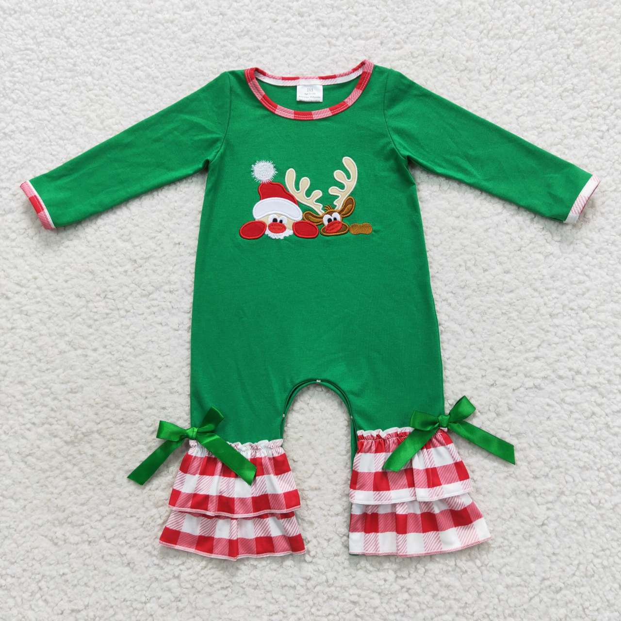 LR0395 Christmas Red Green Santa Embroidery Girls Long Sleeve Romper