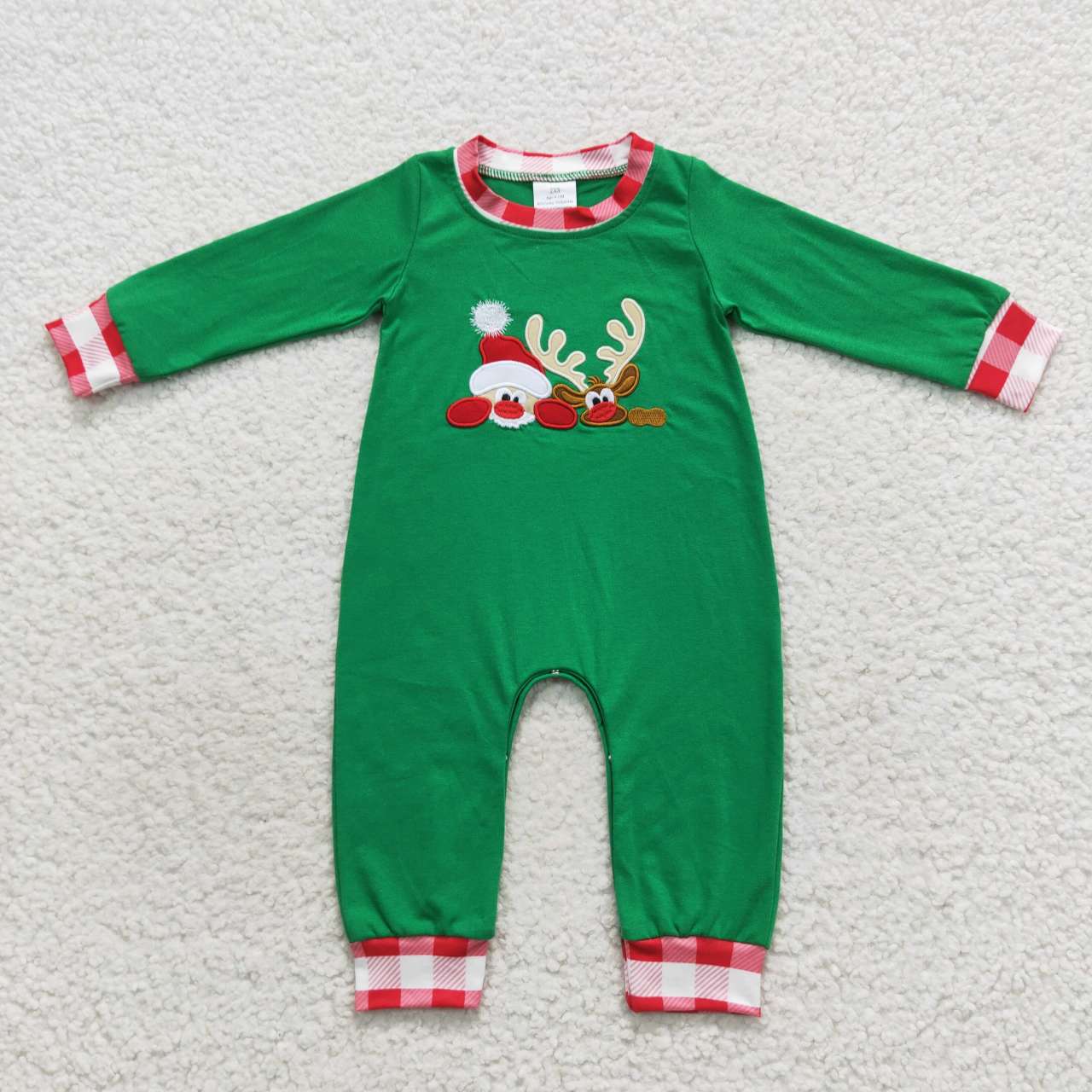 LR0396 Christmas Red Green Santa Embroidery Boys Long Sleeve Romper