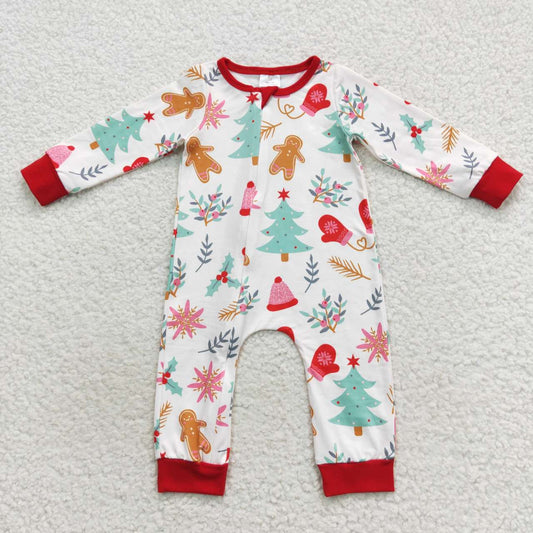 LR0522 Christmas Red Green Gingerbread Tree Zipper Girls Long Sleeve Romper