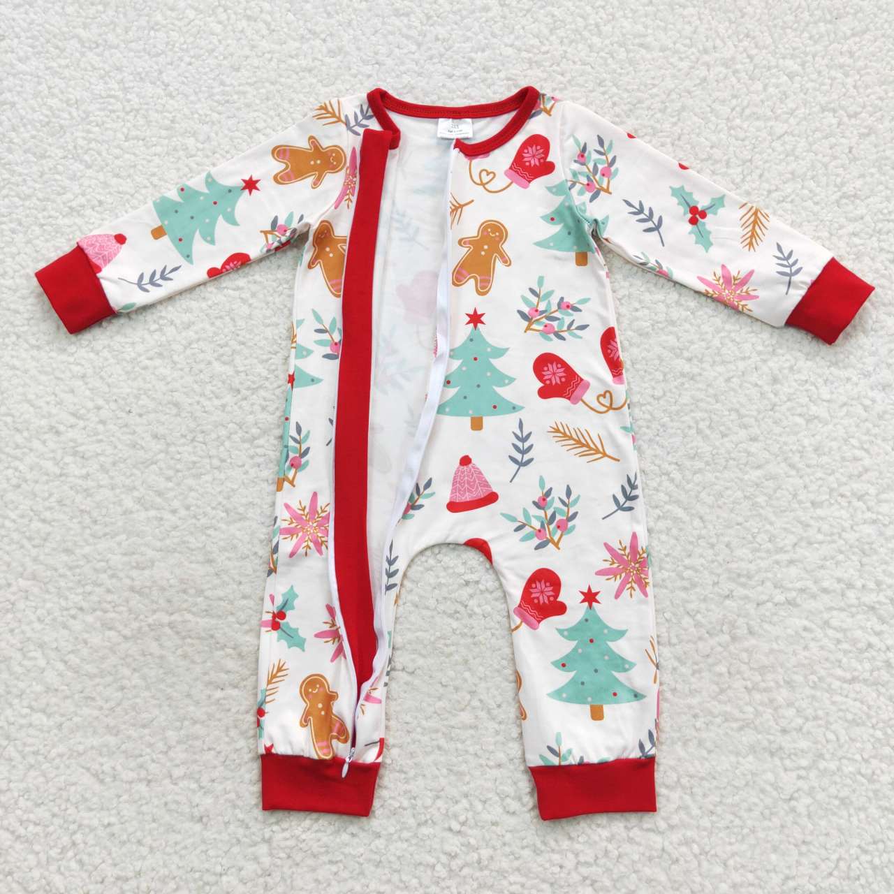 LR0522 Christmas Red Green Gingerbread Tree Zipper Girls Long Sleeve Romper