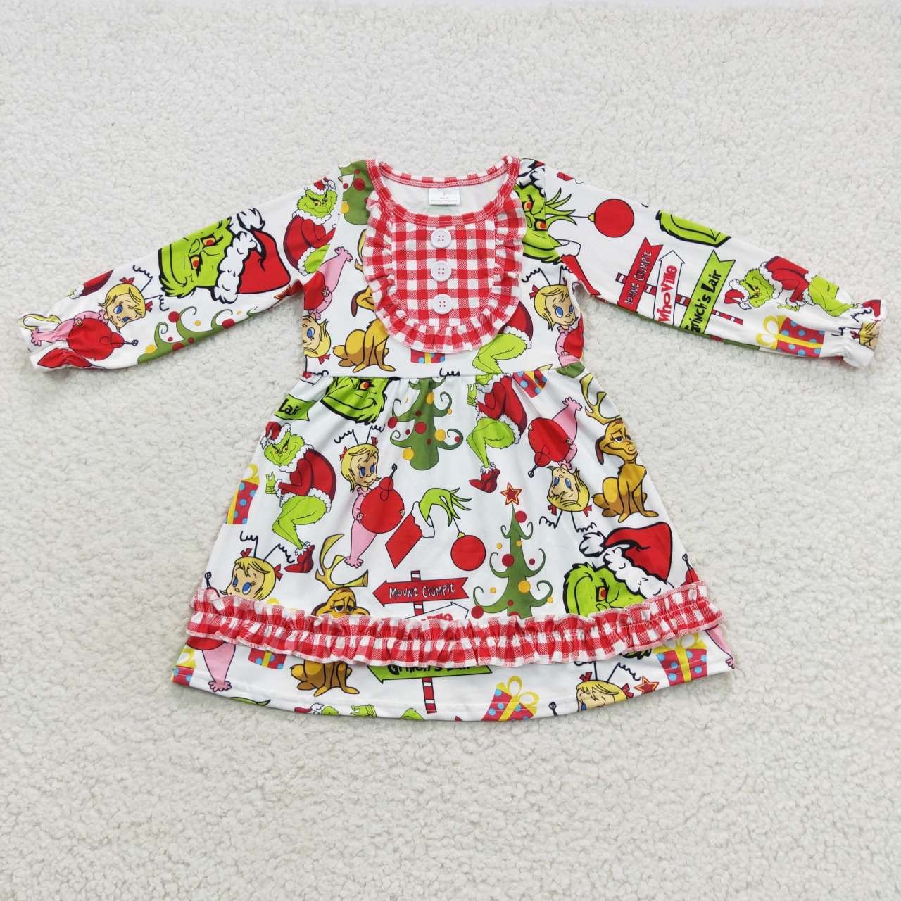 GLD0297  Christmas Green Cartoon Red  Girls Long Sleeve Dresses