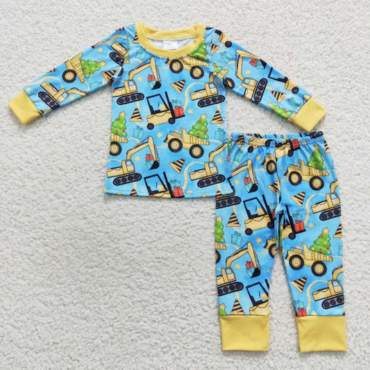 BLP0309 Christmas Blue Yellow Truck Car  Boys Long Sleeve Pants Outfits Pajamas