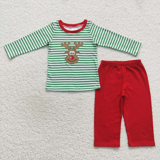 BLP0180 Christmas Green Red Deer Embroidery Boys Long Sleeve Pants Outfits