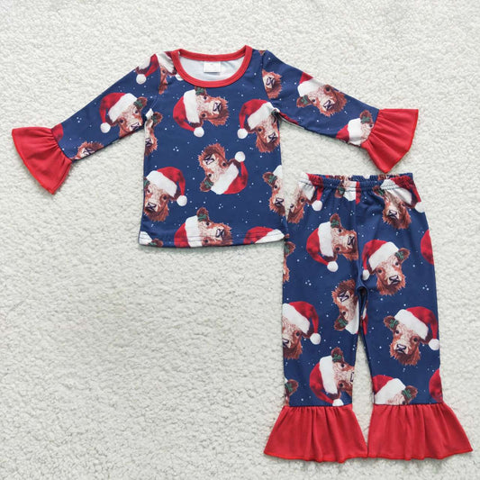 GLP0698 Christmas Red Cow Girls Long Sleeve Pants Outfits Pajamas