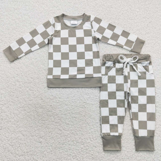 BLP0272 Green grey Plaid  Boys Long Sleeve Pants Outfits Pajamas