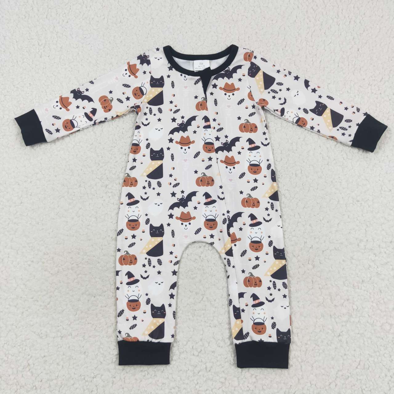 LR0554 Halloween Pumpkin Bat Zipper Girls Long Sleeve Romper