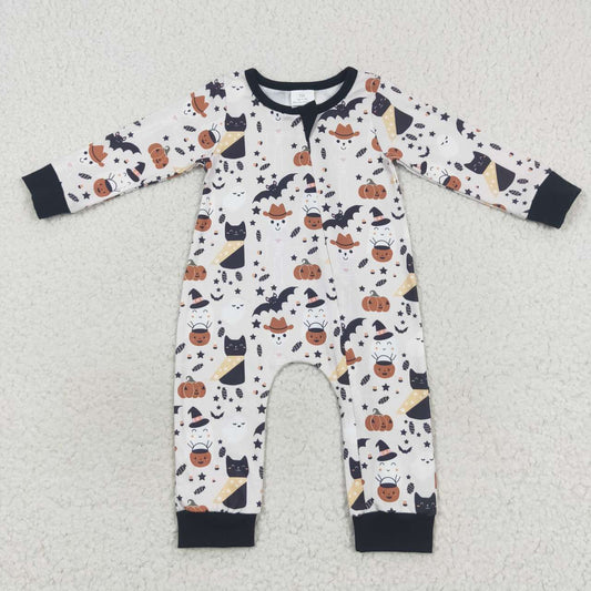 LR0554 Halloween Pumpkin Bat Zipper Girls Long Sleeve Romper