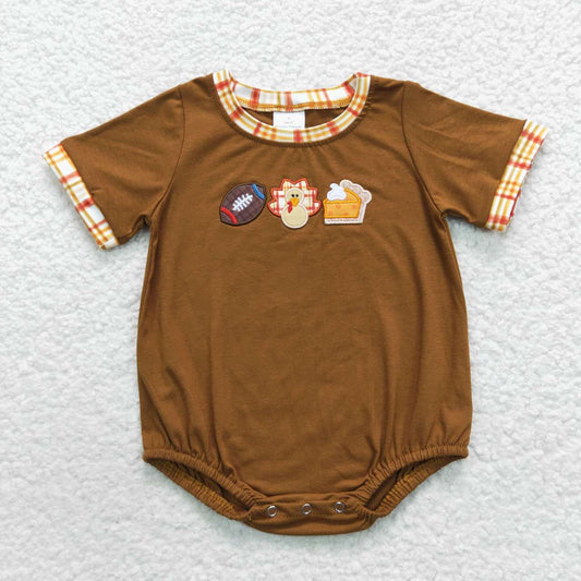 SR0417 Turkey Thanksgiving Orange Embroidery Girls Short Sleeve Romper