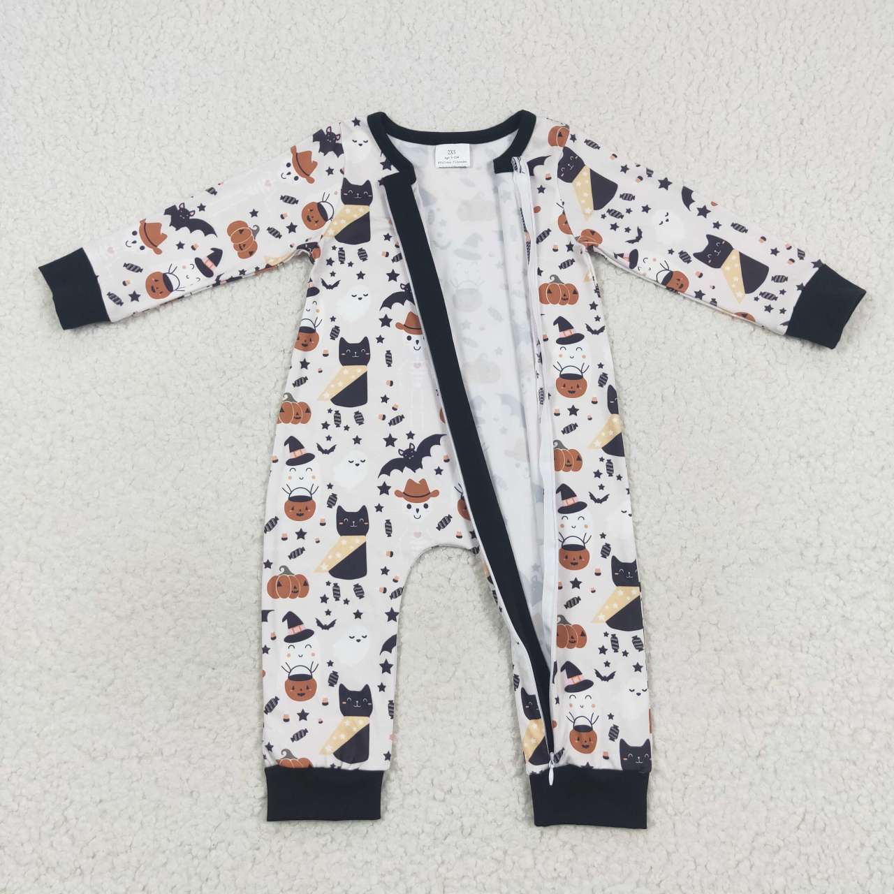 LR0554 Halloween Pumpkin Bat Zipper Girls Long Sleeve Romper