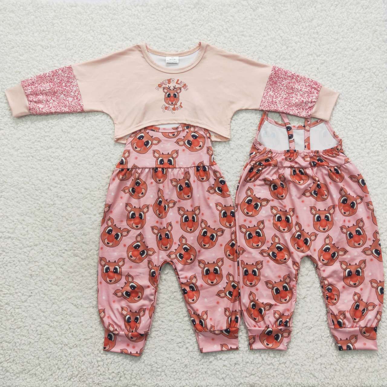 GLP0688 Christmas Pink Deer Jumpsuit Overall Girls Long Sleeve Bell Bottom Pants Outfits