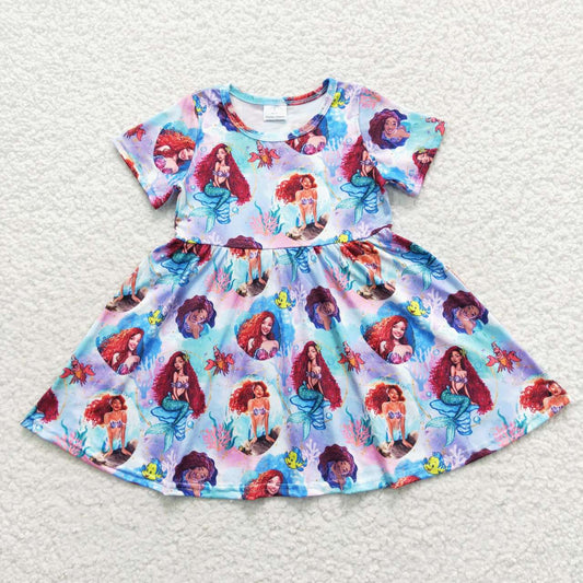 GSD0479 Blue Red Mermaid Princess Girls Flutter Sleeve Dresses