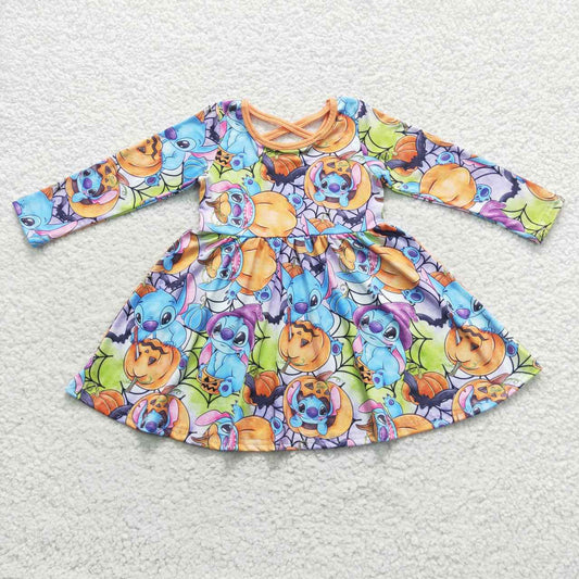 GLD0330   Halloween Pumpkin Orange blue Cartoon Girls Long Sleeve Dresses