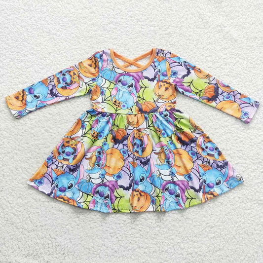 GLD0330   Halloween Pumpkin Orange blue Cartoon Girls Long Sleeve Dresses