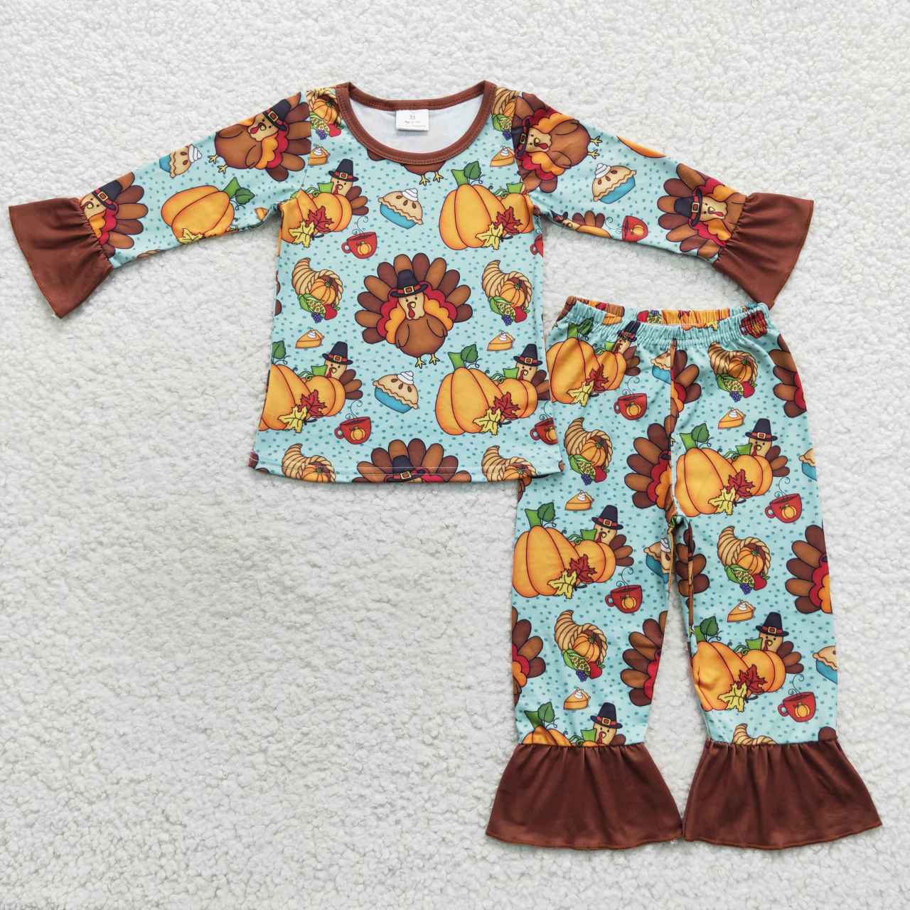 GLP0684 Thanksgiving Turkey Pumpkin Green Brown Girls Long Sleeve Pants Outfits Pajamas