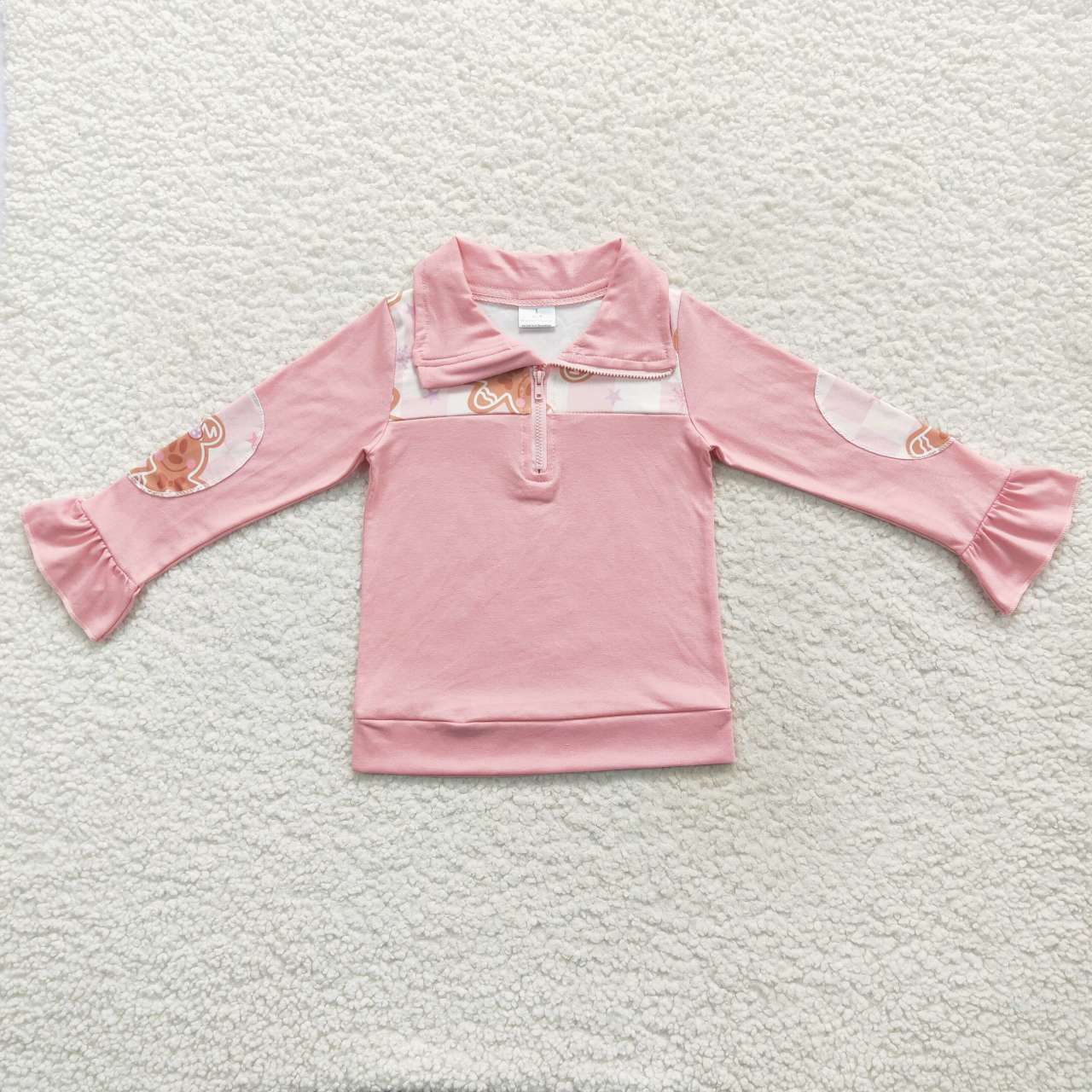 GT0218 Christmas Pink Gingerbread Girls Long Sleeve Top Collar Polo Pullover T-Shirts