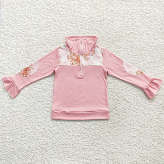 GT0218 Christmas Pink Gingerbread Girls Long Sleeve Top Collar Polo Pullover T-Shirts