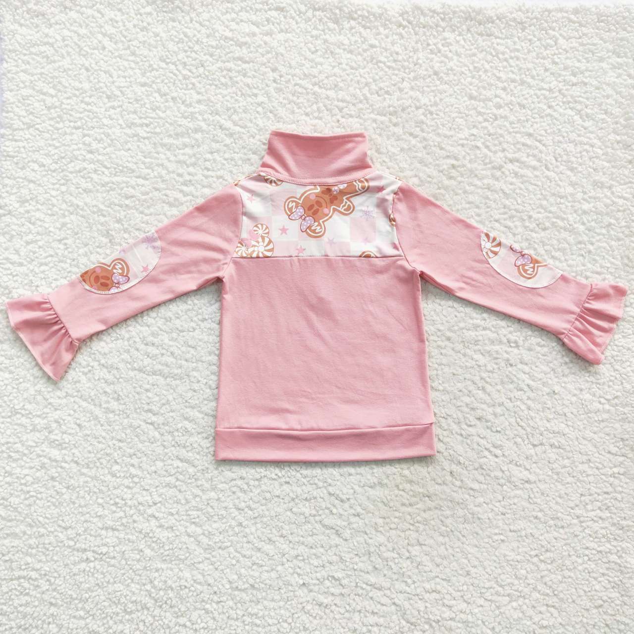 GT0218 Christmas Pink Gingerbread Girls Long Sleeve Top Collar Polo Pullover T-Shirts