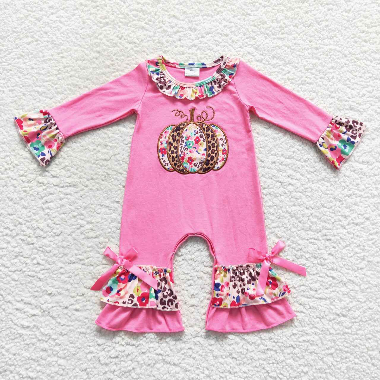 LR0511 Halloween Pumpkin Pink Leopard Embroidery Girls Long Sleeve Romper