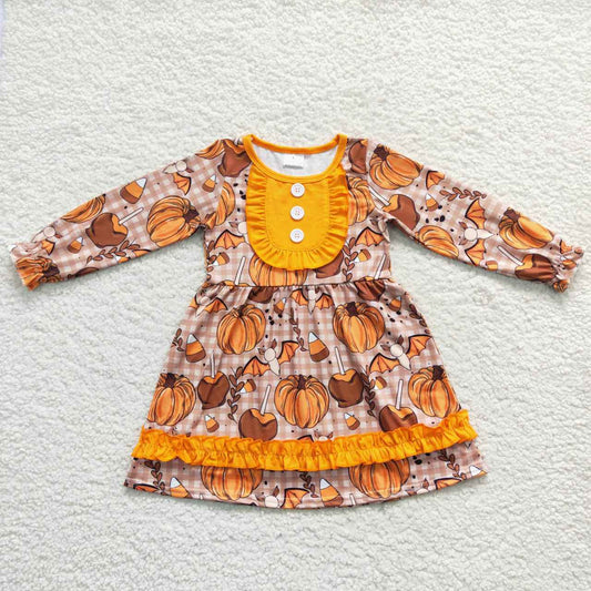 GLD0343  Halloween Yellow Pumpkin  Girls Long Sleeve Dresses