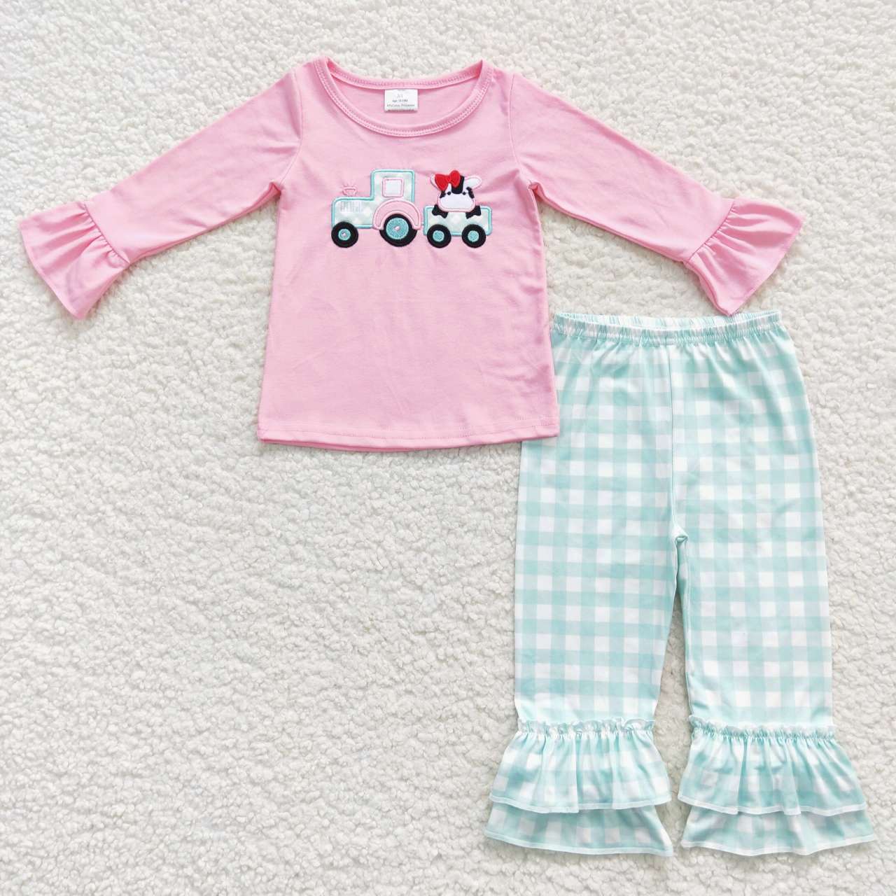 GLP0487 Pink Blue Farm Cow Embroidery Girls Long Sleeve Pants Outfits