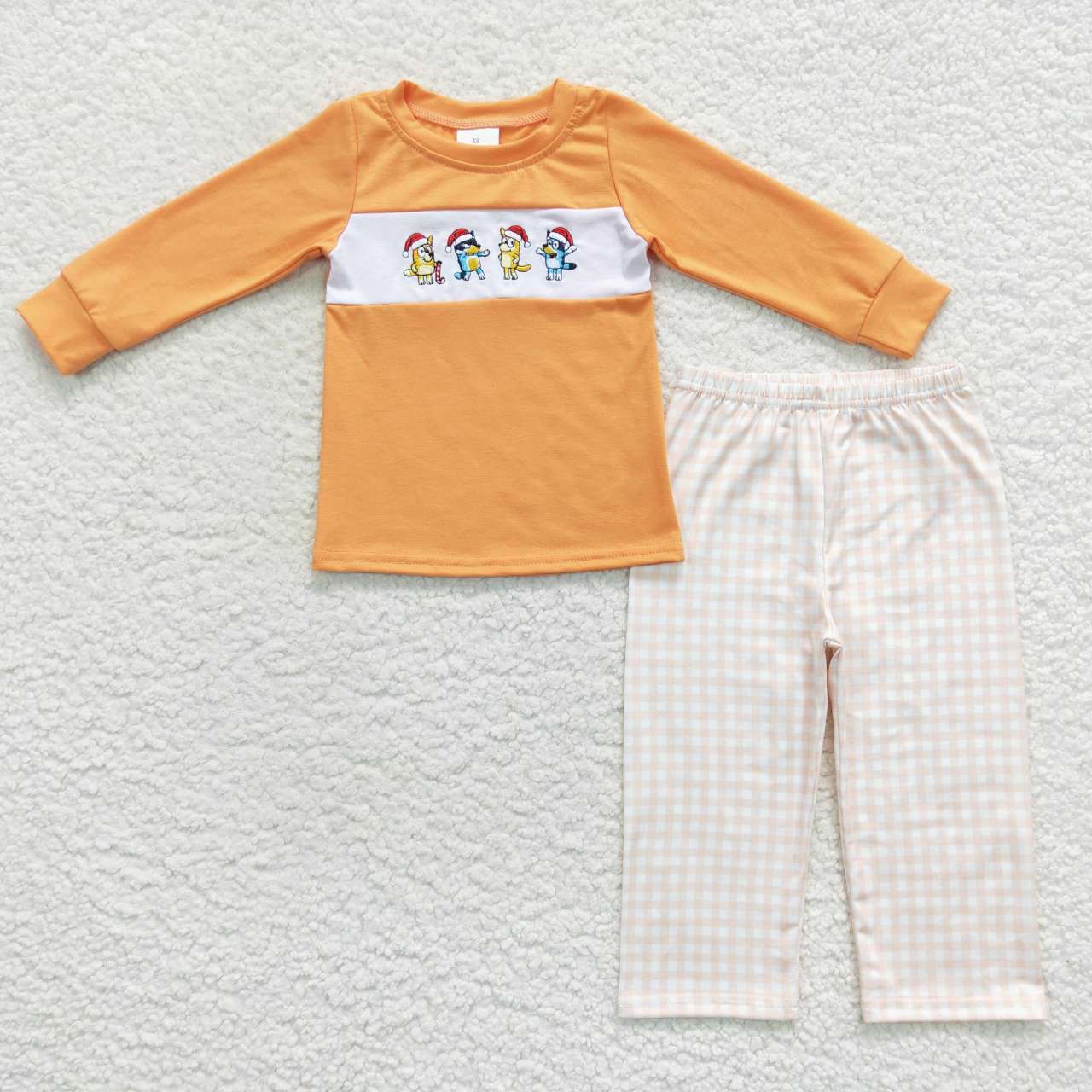 BLP0282 Christmas Blue Dog Orange Embroidery Boys Long Sleeve Pants Outfits